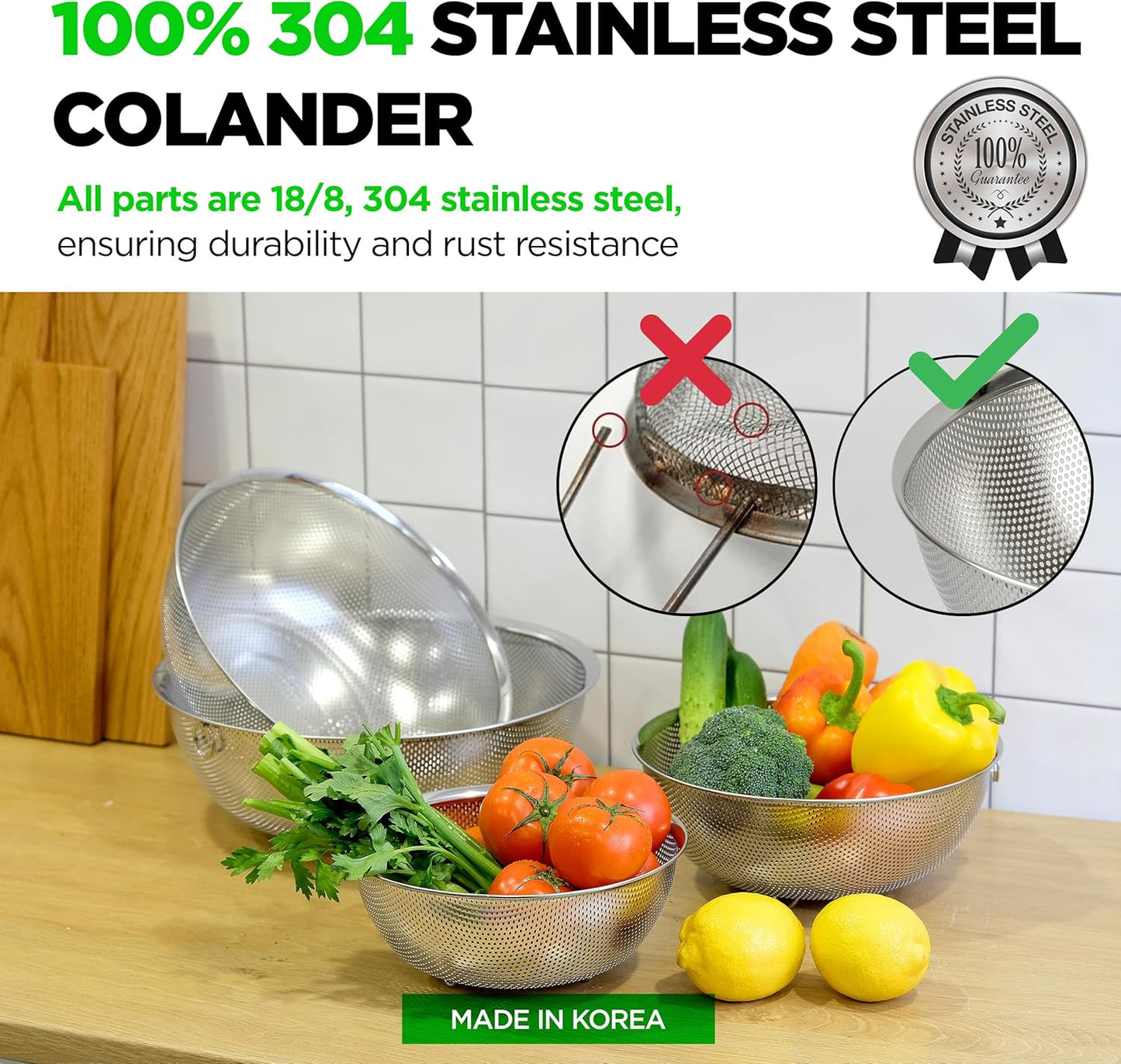 Premium 18/8 304 Stainless Steel Micro-Perforated Small and Big Colander Set of 4 with rings - 3.5-5.5-7.5-9.5 Quart Set, Self-Draining Solid Base for Pasta, Fruits, Vegetables