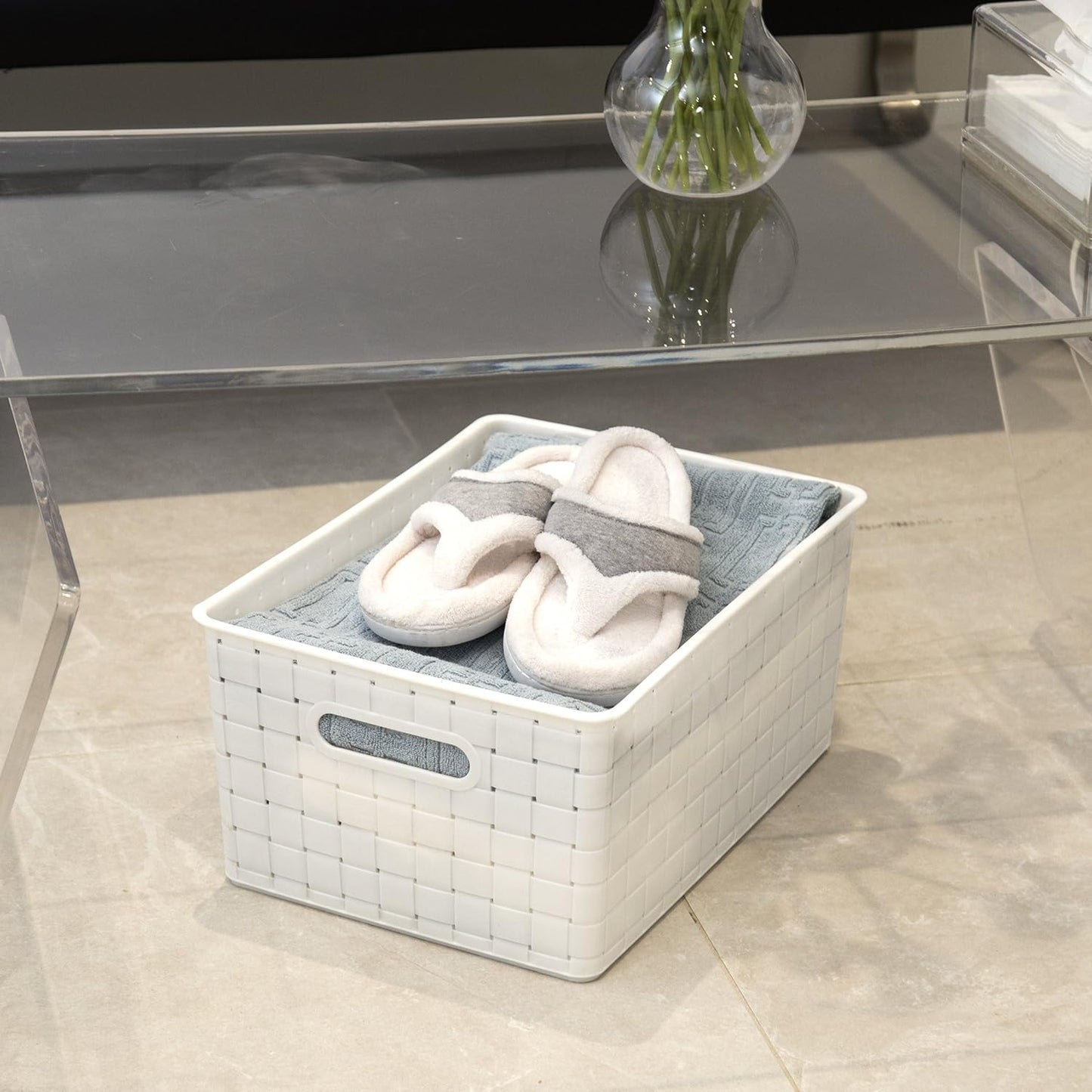 BINO | Plastic Basket, Large - White | 3 Pack | THE STABLE COLLECTION | Multi-Use Storage Basket | Rectangular Cabinet Organizer | Baskets for Organizing with Handles | Home & Office Storage Organizer