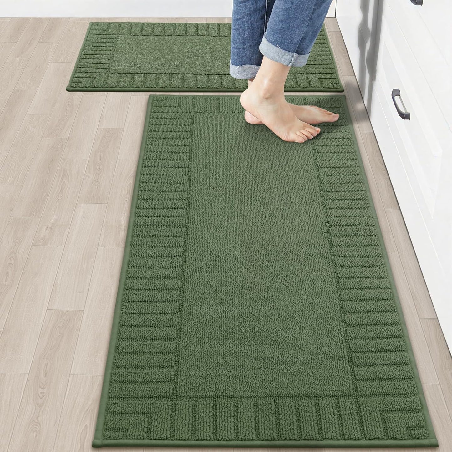 BEQHAUSE-Kitchen-Rugs-Non Slip-Kitchen-Mats- for-Floor Machine Washable Kitchen Rugs 2 Pieces Kitchen Carpet Runner with TPR Backing,Green,20x30inch/20x48inch