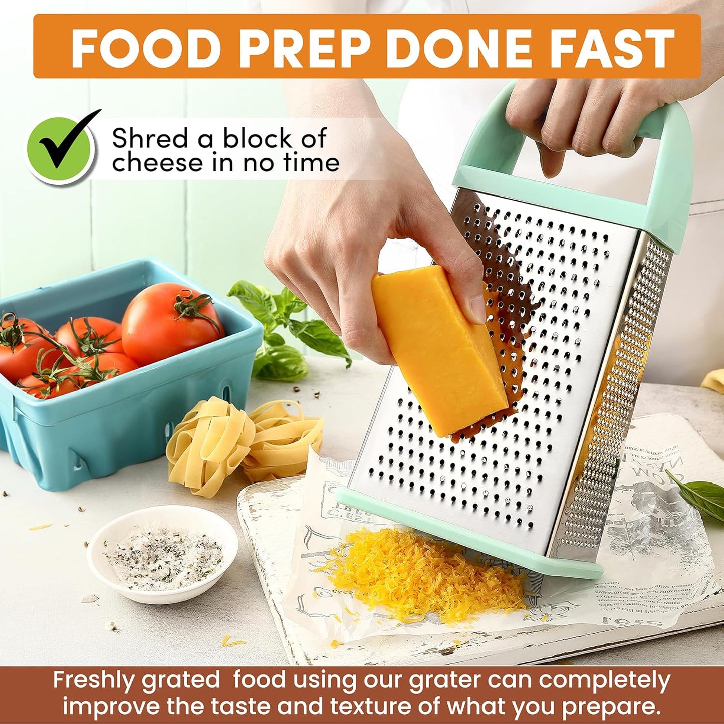 Spring Chef Professional 10" Stainless Steel Parmesan Cheese Grater with Handle, 4 Sided Handheld Box Grater, Kitchen Potato Shredder for Hash Browns, Hard Cheese, Ginger, Vegetables, Carrot - Mint