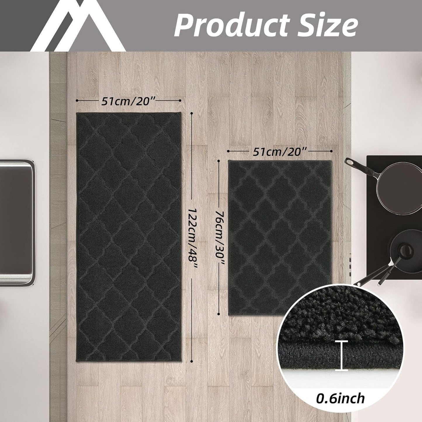 COSY HOMEER Soft Kitchen Rugs [2 PCS] for in Front of Sink Super Absorbent Kitchen Floor Mats and Mats 20x30 Inch/20X48 Non-Skid Kitchen Mat Standing Mat Washable,Polyester,Black