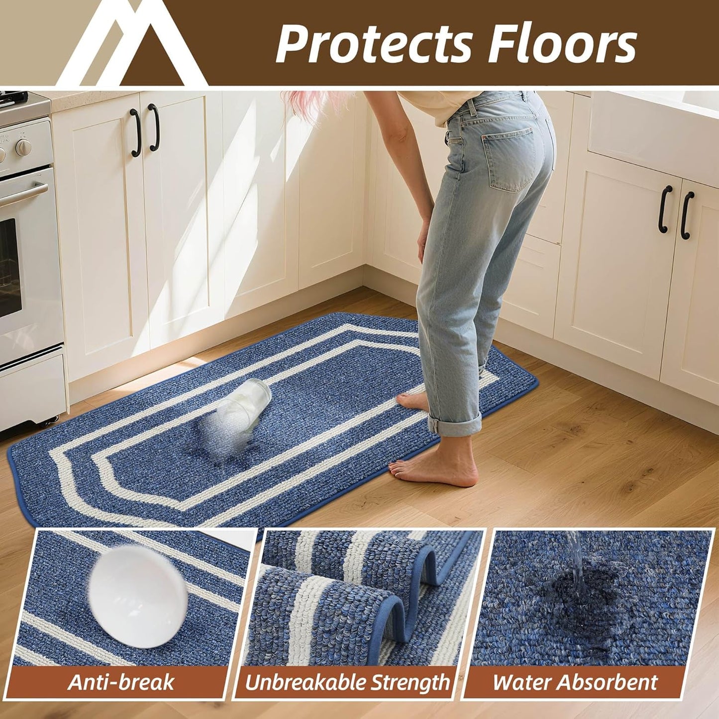 COSY HOMEER Long Kitchen Floor Mats for in Front of Sink Super Absorbent Kitchen Rugs and Mats 24"x48"+24"x59"Non-Skid Kitchen Mat Standing Mat Washable,Polypropylene,Blue,Frame