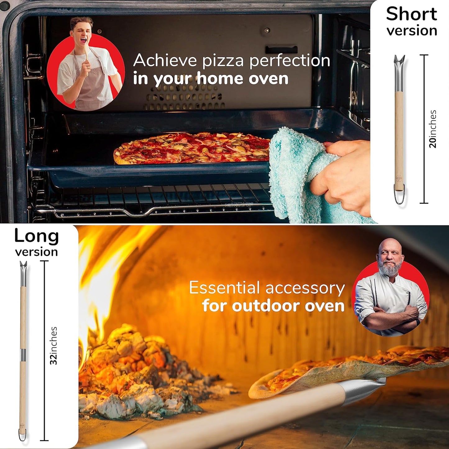 Pizza Turner Fork & Bubble Popper - Easy Pizza Rotation for Evenly Baked Crust - Adjustable Handle [26"-32”]