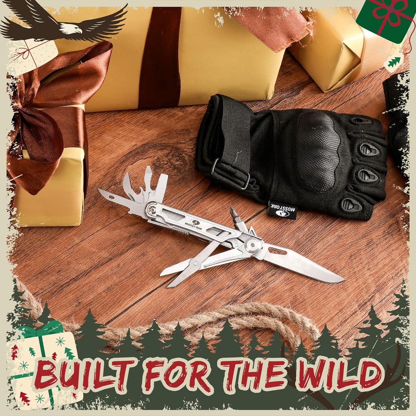 Mossy Oak 12-in-1 Multitool Pocket Knife with Pouch, Stainless Steel Multitool Knife with Clip, Survival Tools with Scissors, Bottle Opener, Wire Stripper, Glass Breaker, Screwdriver