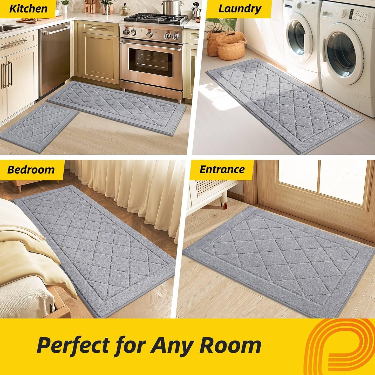 JSEI Non-Slip Kitchen Rugs, Self Adhesive No Sliding Kitchen Mats Set of 2, Soft Washable Absorbent Floor Mat for Kitchen, Bathroom, Laundry Room, Bedroom, 20”x32”+20”x48”, Light Grey, Diamond Pattern