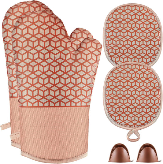 Oven Mitts And Pot Holders Set 6Pcs,Kitchen Oven Glove,High Heat Resistant 500°F Large Size Oven Mits And Potholders With Soft Cotton Lining And Non-Slip Silicone Surface For Cooking (Brown)