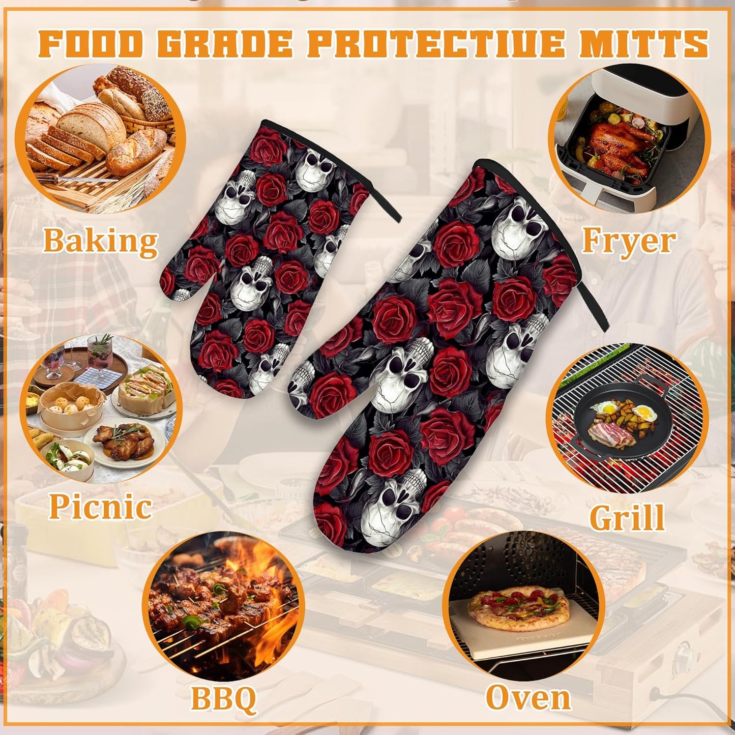 Skulls Oven Mitts and Pot Holders Set,Red Roses Kitchen Oven Gloves and Pot Holder with Heat Resistant Non Slip for Cooking Baking Grilling(4 Piece Set)