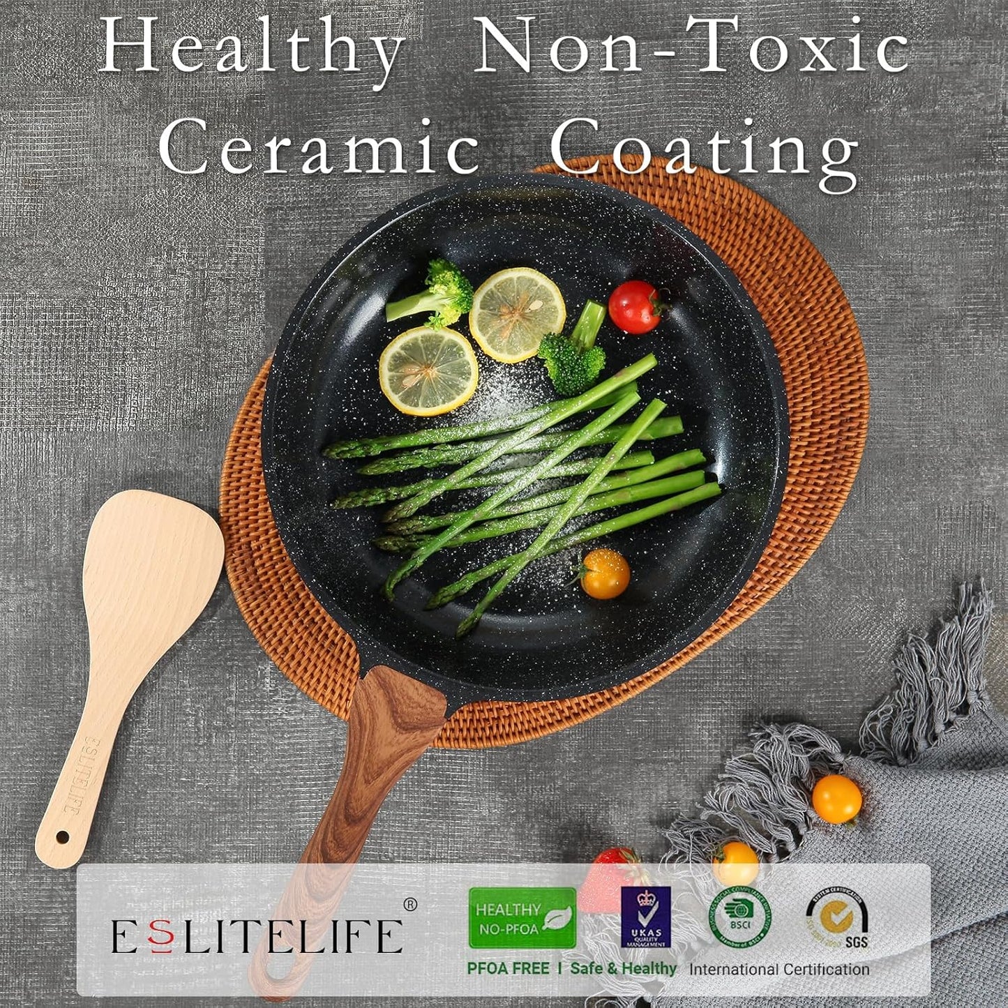 ESLITE LIFE Nonstick Ceramic Frying Pan Skillet with Lid, Non-Toxic Egg Omelette Kitchen Cooking Pans Compatible with All Stovetops (Gas, Electric & Induction), PTFE & PFOA Free (Black, 9.5" w/Lid)