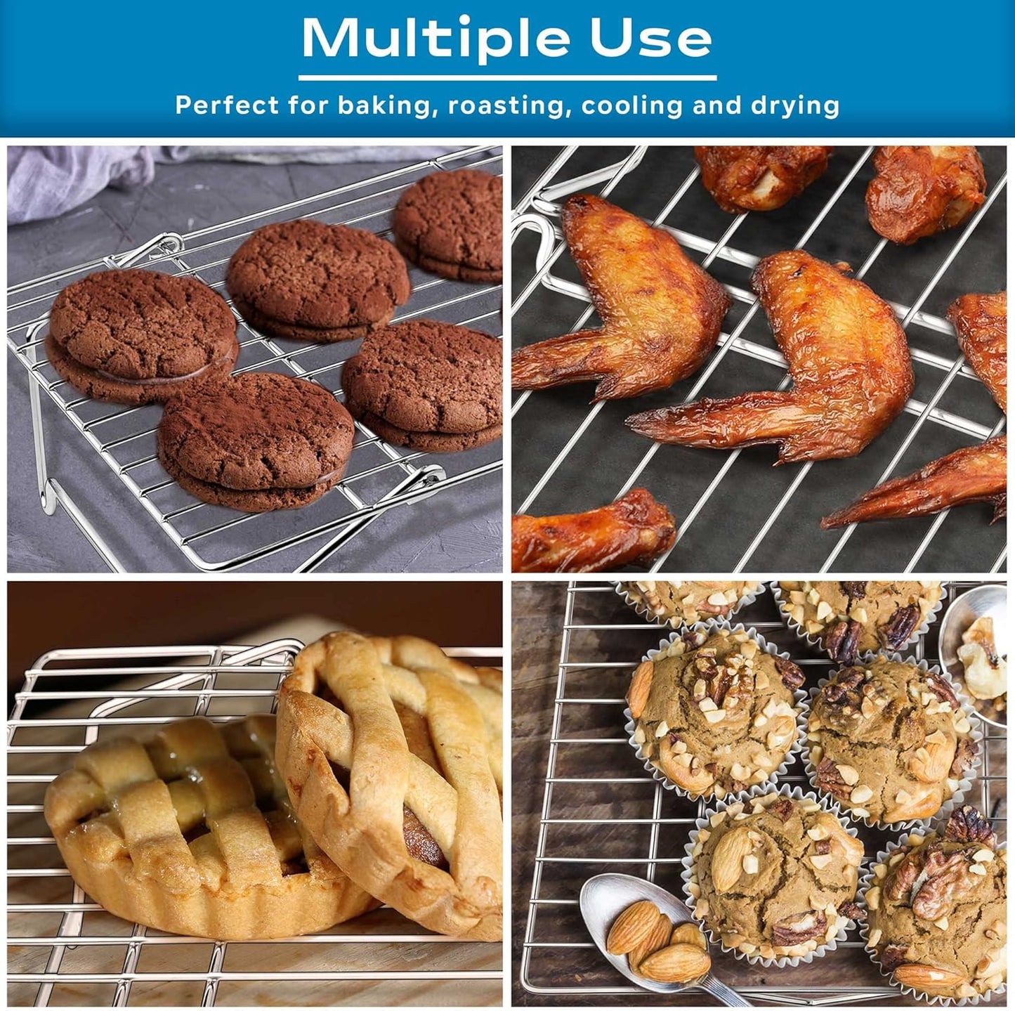 15IN x 10IN Cooling Baking Rack Set of 3, Leonyo 3-Tier Stackable Stainless Steel Wire Baking Cooking Racks Set for Cookie, Pizza, Cup Cake, Raised & Folding Feet