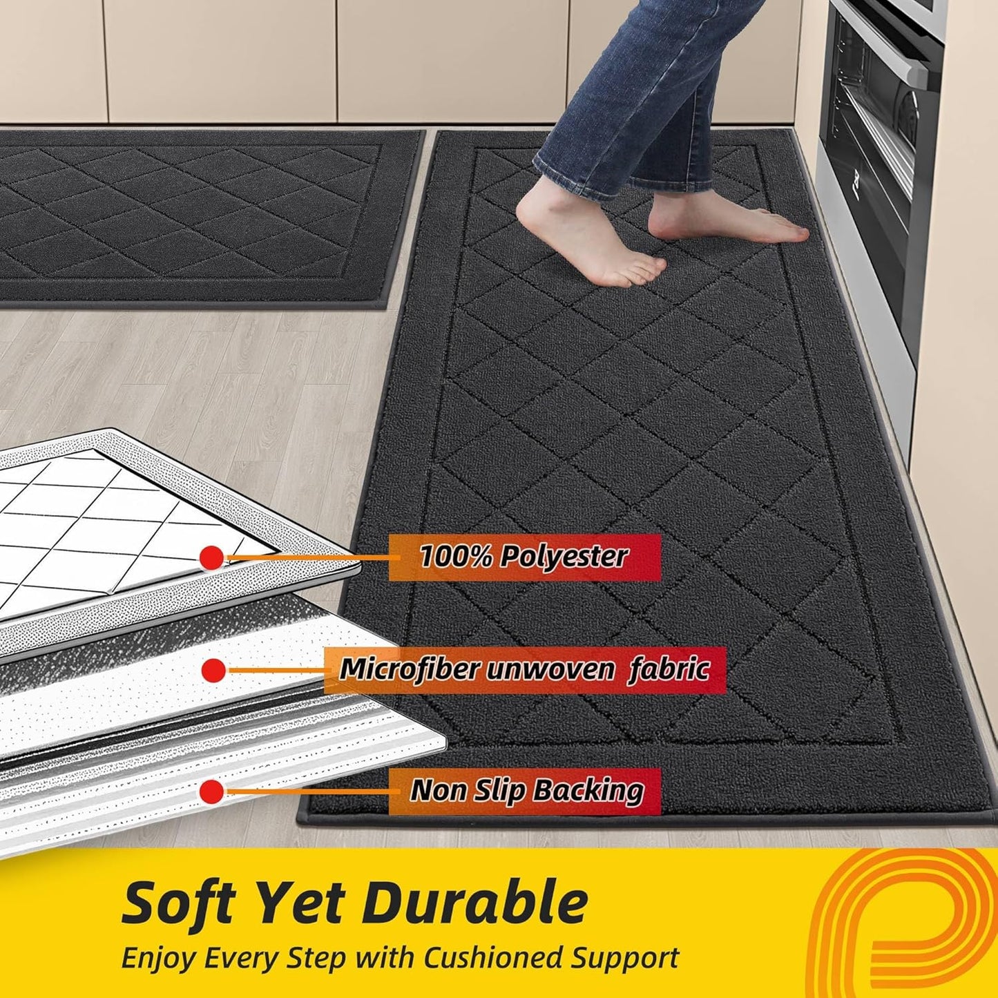 JSEI Non-Slip Kitchen Rugs, Self Adhesive No Sliding Kitchen Mats Set of 2, Soft Washable Absorbent Floor Mat for Kitchen, Bathroom, Laundry Room, Bedroom, 24”x36”+24”x60”, Dark Grey, Diamond Pattern