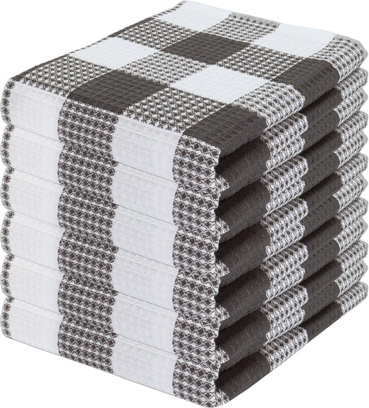 PurpleEssences 100% Cotton Waffle Weave Check Plaid Kitchen Towels, Super Soft and Absorbent Dish Towels for Drying Dishes 15 x 25-6 Pack - Spring Summer - Steel Grey and White