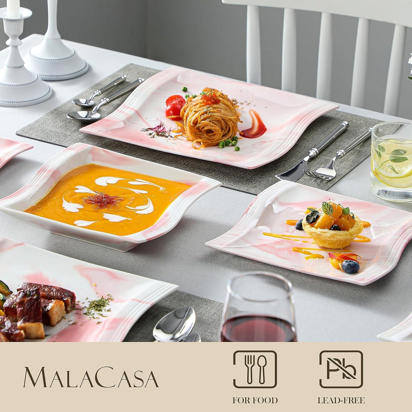 MALACASA Dinnerware Sets, 30-Piece Pink Plates and Bowls Sets for 6, Porcelain Dinnerware Set with Plates and Bowls, Cups and Sacuers, Square Dish Set, Modern Dining Ware Set, Series Flora