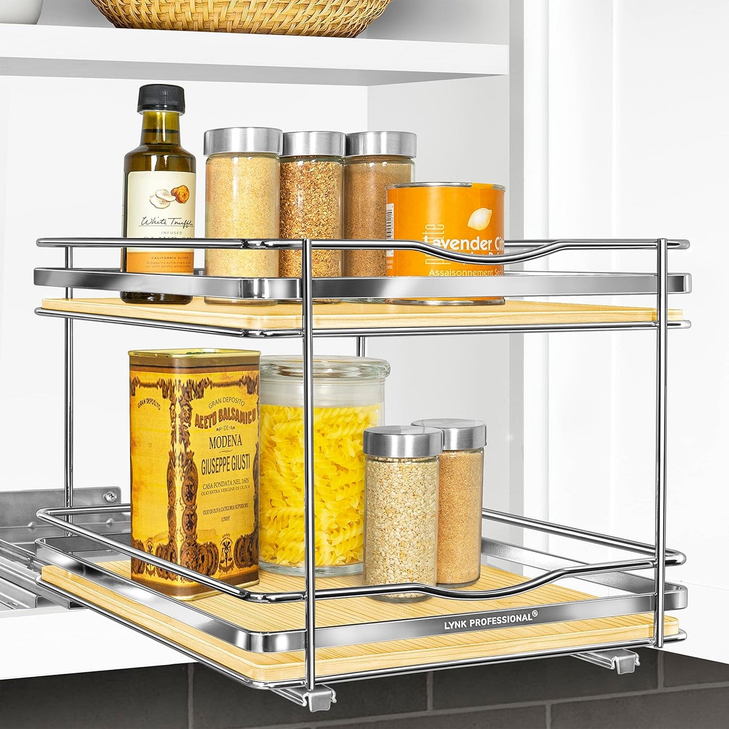 LYNK PROFESSIONAL® Élite™ Pull Out Spice Rack Organizer for Inside Kitchen Cabinets - 10-1/4 inch Wide - Slide Out Drawer – Wood/Chrome Sliding Spice Cabinet Organization Shelf Racks - 2 Tier