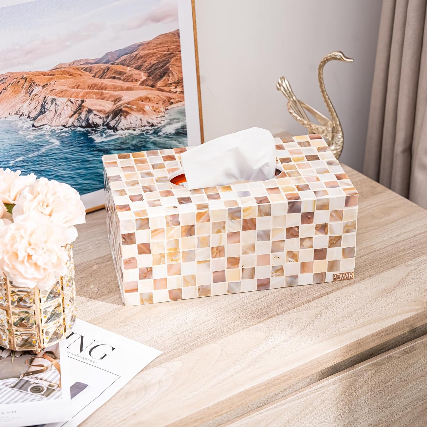 PEMAR Rectangular Mother of Pearl Tissue Box Capiz Shell Handmade Rectangle Tissue Box Cover Holder Decorative Napkin Dispenser Organizer Rustic Farmhouse Vintage Decor (Brown Checkered)