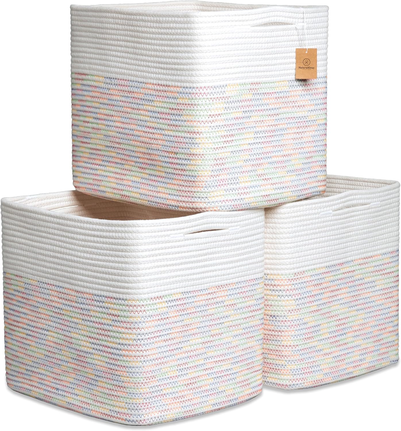 NaturalCozy 13x15x13 Kallax Storage Cubes Bins, 3 Pack | Cotton Rope Cube Storage Bin Woven Baskets for Organizing | Kallax Insert Storage Baskets for Shelves Organizer, Kids Toy, Closet Baby Nursery