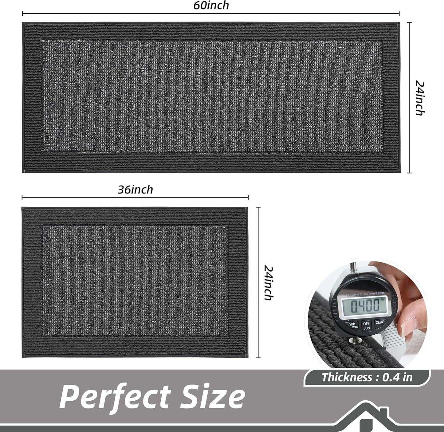 BEQHAUSE Kitchen Rugs and Mats Set of 2 Non-Slip Kitchen Mats for Floor, Absorbent and Stain Resistant Kitchen Runner, Machine Washable Rugs for Kitchen, Laundry & Sink, 24"x36"+24"x60", Charcoal