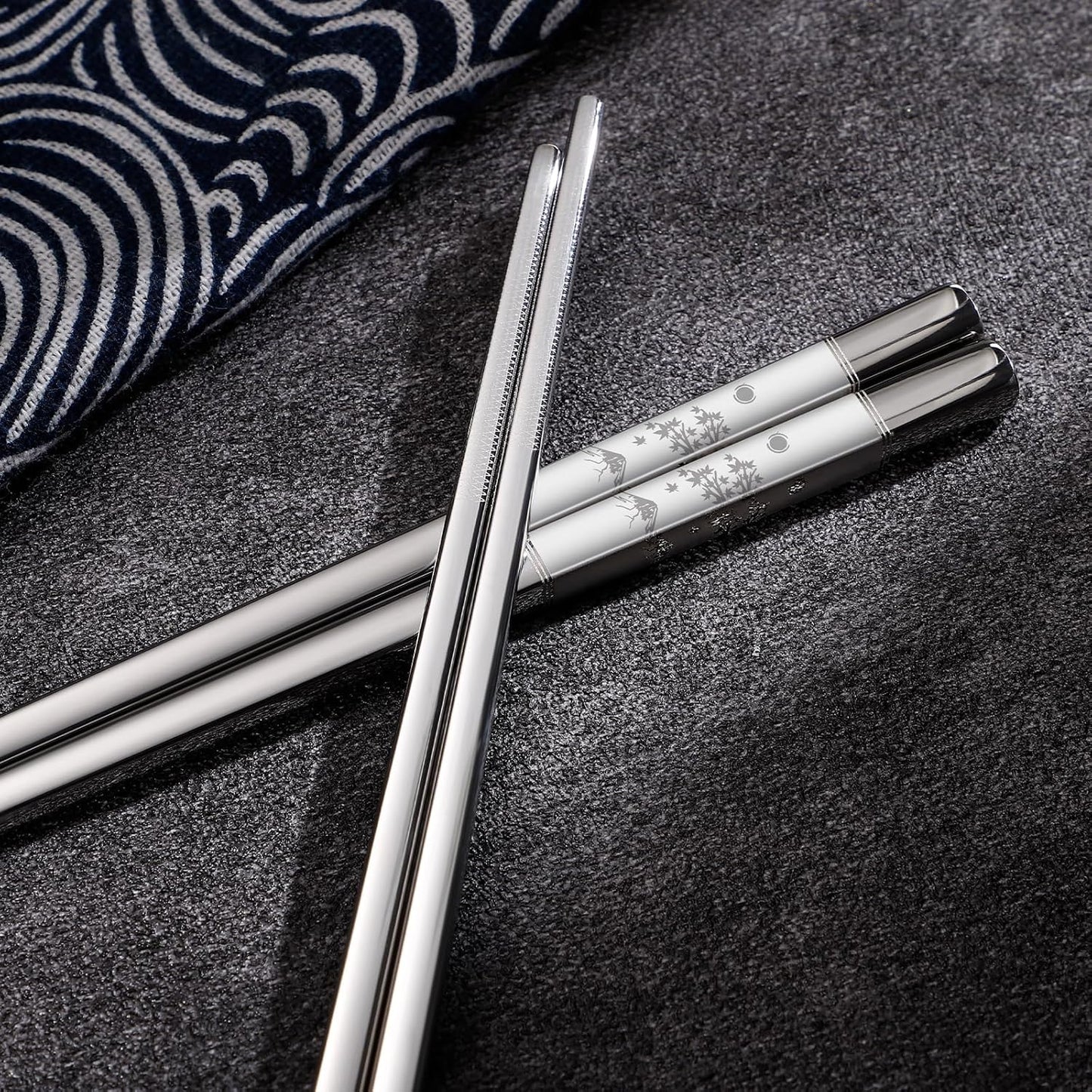 Metal Chopsticks Reusable 2 Pairs Titanium Plated 18/8 Stainless Steel Chopsticks with Holder, Dishwasher Safe Non-Slip Japanese Style Laser Engraved Chop Sticks Gift Set (Silver)