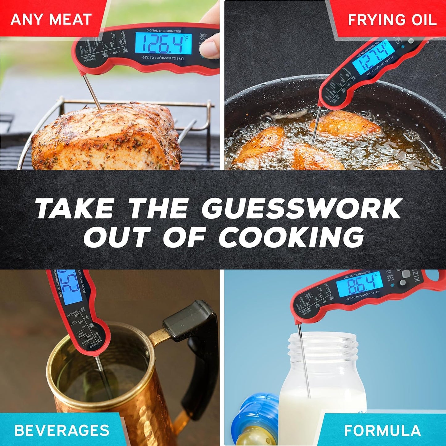 KIZEN Instant Read Meat Thermometer Digital - Food Thermometer for Cooking, Grill, Oven, BBQ - Waterproof and Backlit Display