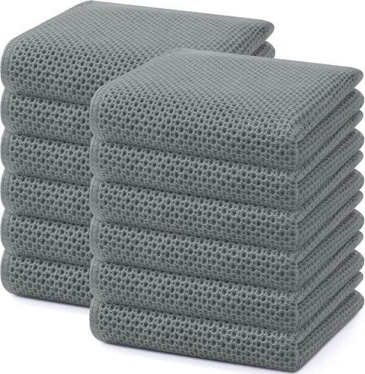 Homaxy 100% Cotton Waffle Weave Kitchen Dish Towels, Ultra Soft Absorbent Quick Drying Cleaning Towel, 13 x 28 Inches, 12-Pack, Grey