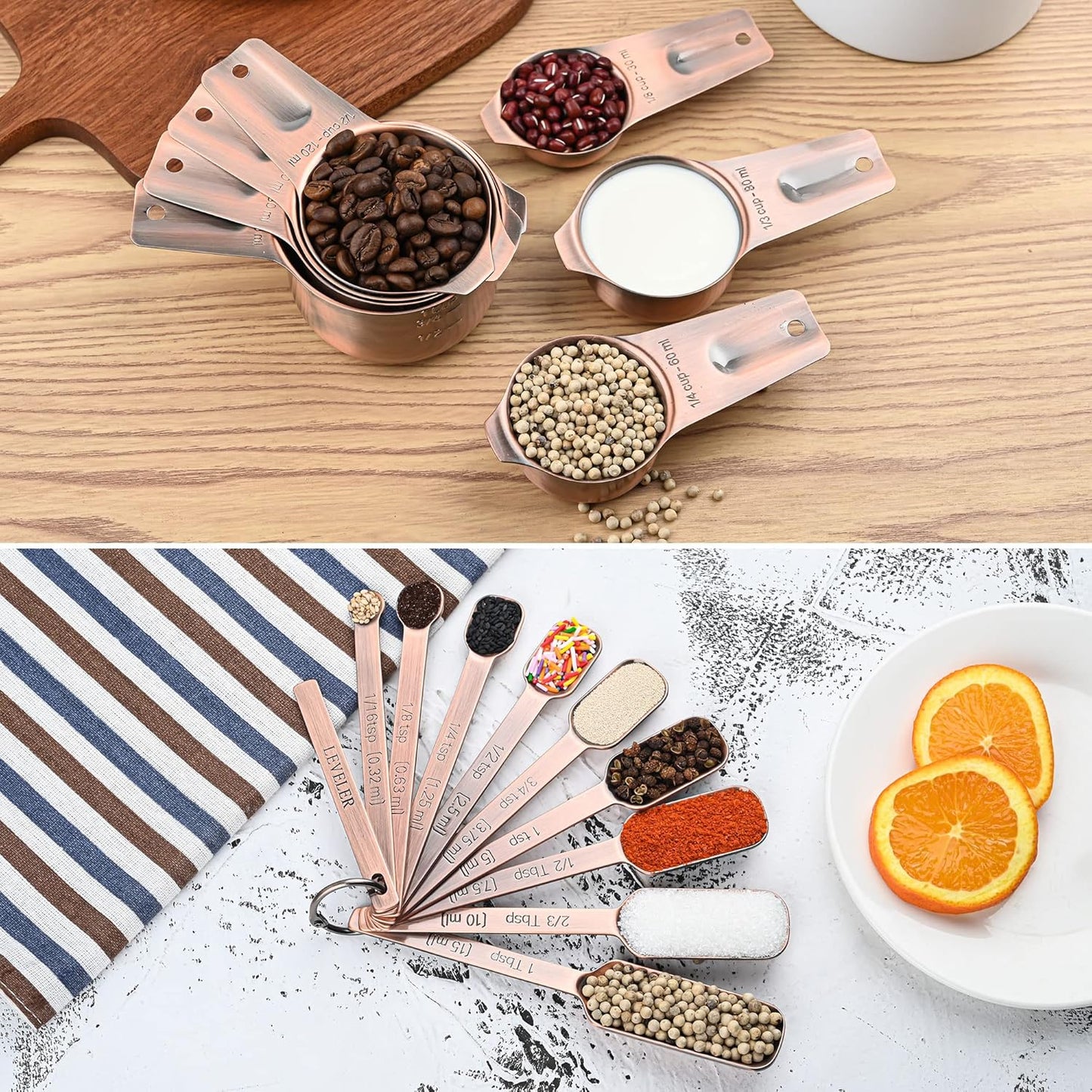 Smithcraft Copper Measuring Spoons Set 10, Stainless Steel Measuring Spoons with Leveler, Metric & US Metal Measuring Spoons fro Baking & Kitchen, Dry&Liquid Long Handle Measruing Spoons for Spice Jar