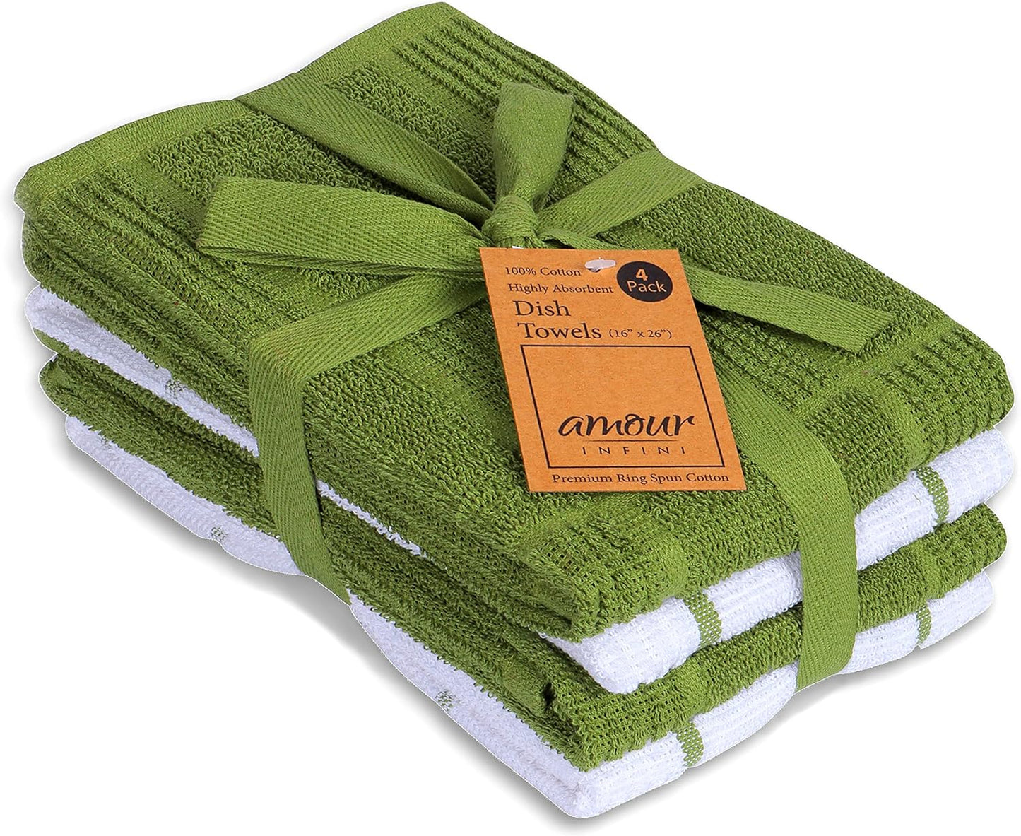 AMOUR INFINI Kitchen Towels Pack of 4 Absorbent, Quick Drying Premium Terry Cotton Dish Towel with Hanging Loop 16x28 Inch Hand & Tea Towels (Green)