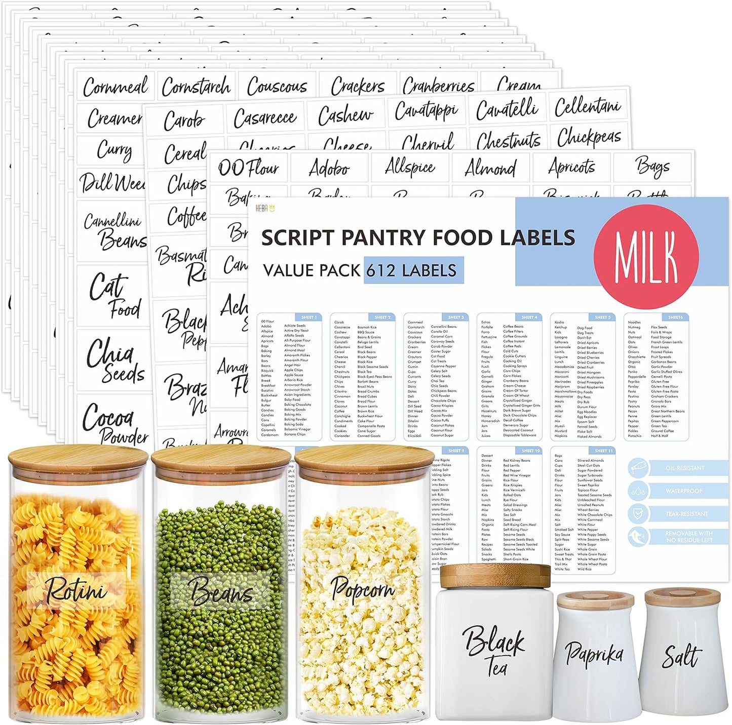 Hebayy 612 Script Pantry Food Labels, Water & Oil Resistant Pantry Label Stickers Food Jar Label for Organization and Storage