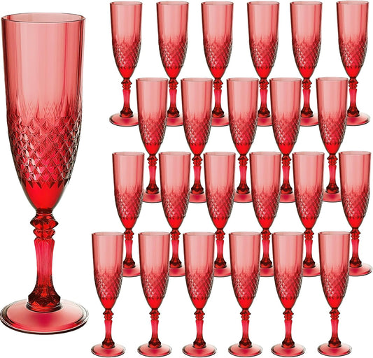Plastic Champagne Flutes, 24PCS Dark Red Plastic Wine Glasses Goblets Reusable Champagne Flute for Weddings, Christmas, Bachelor Parties, Toasting, and Events(24, Dark Red)