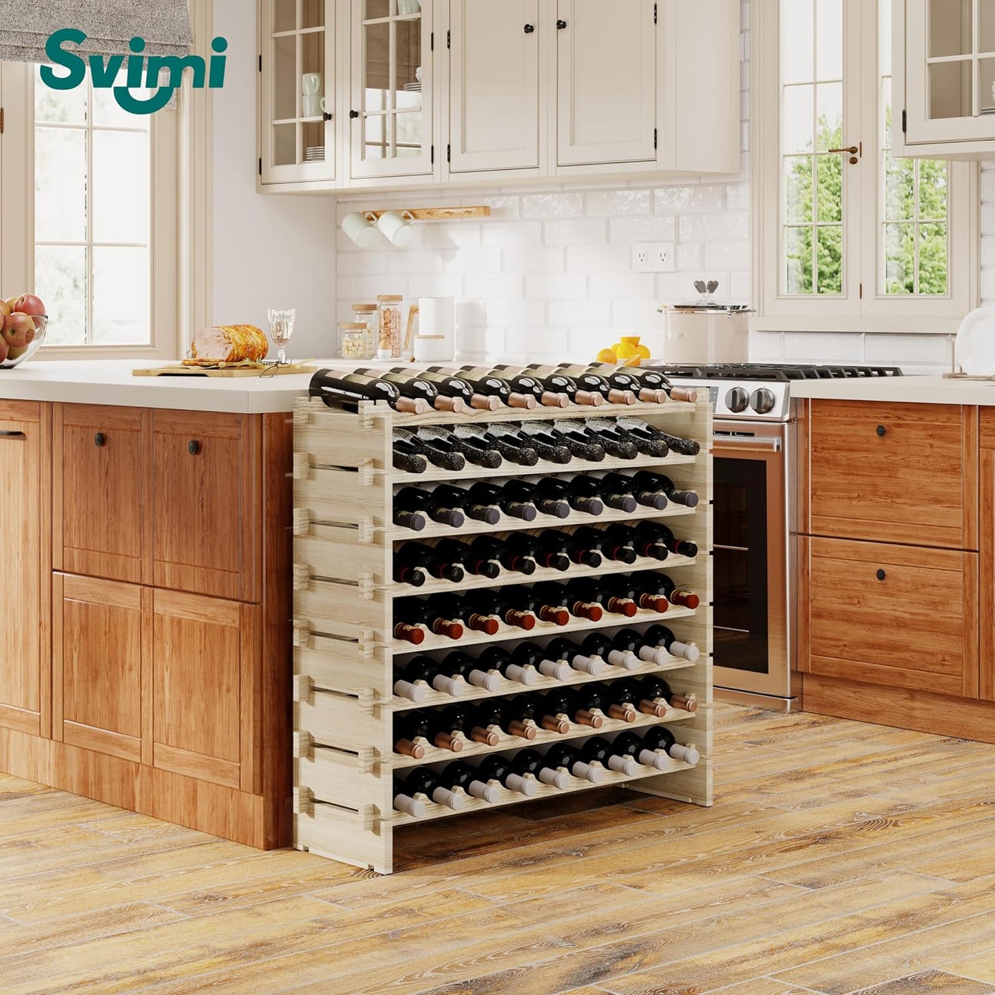 Modular Real Wood Wine Storage Racks - Stackable Wine Rack, Free Standing Floor Wooden Wine Rack, Premium Wine Storage Rack Elegant Display and Organizing for Kitchen and Cellar 8 Tier 72 Bottles