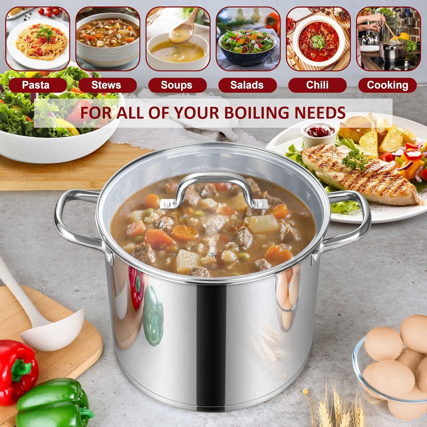 Herogo 12-Quart 18/10 Stainless Steel Stock Pot with Lid, Large Heavy Duty Soup Pot Compatible with Electric, Gas, Induction and Various Cooktops, Dishwasher Safe