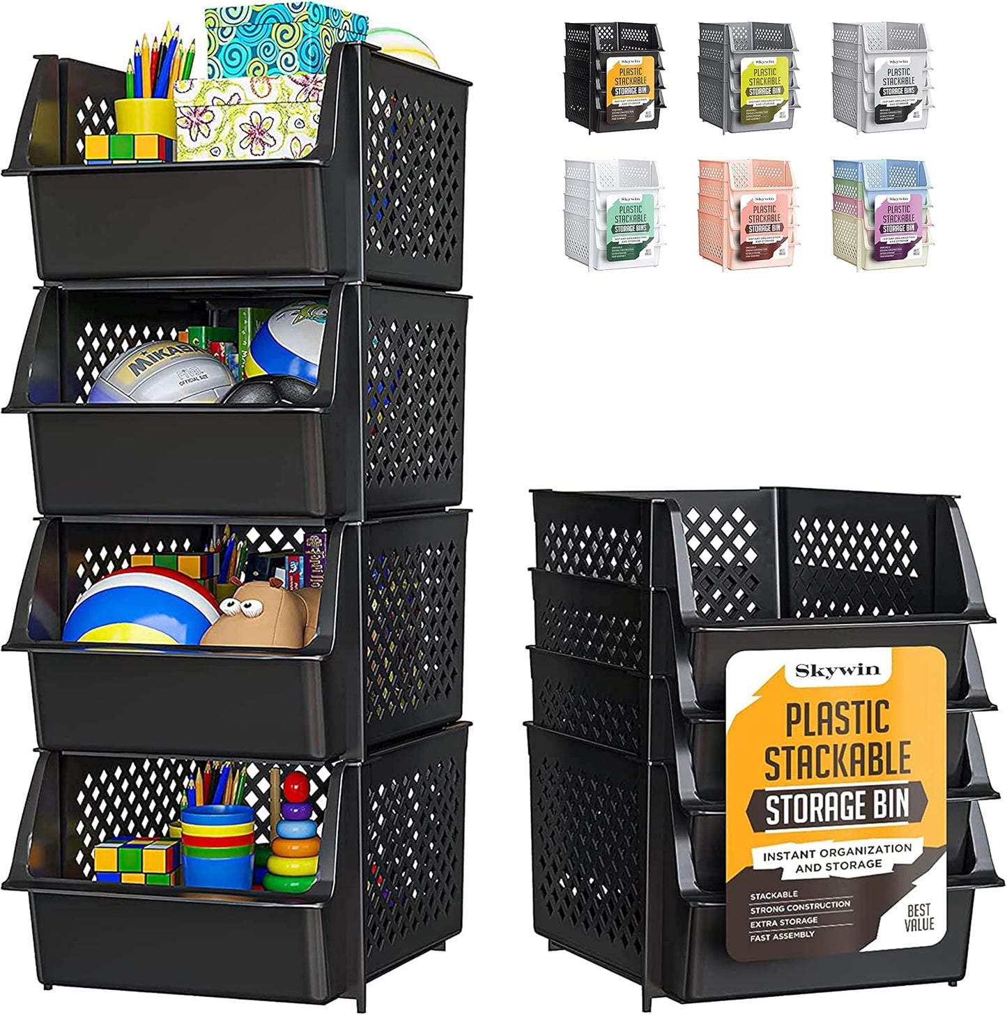Skywin TidyFriend Stackable Storage Bins for Pantry, 4 Pack Stackable Bins For Organizing Food, Kitchen, and Bathroom Essentials (Black)
