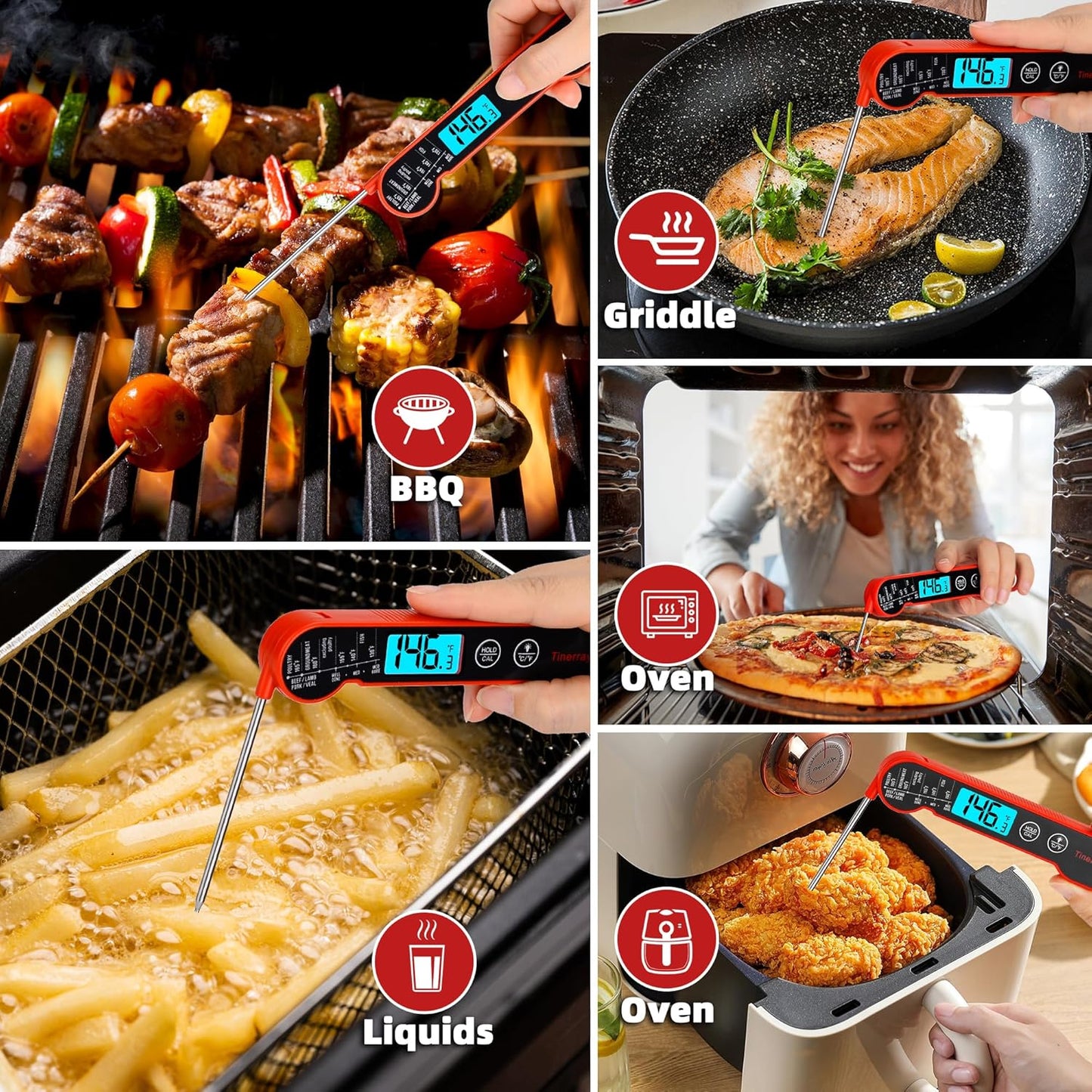 Digital Meat Thermometer for Cooking – Waterproof Instant Read Food Thermometer with Backlight & Calibration, Fast Read, Folding Probe for BBQ, Grill, Candy, Deep Fry, Kitchen, Liquids, Beef（Red）