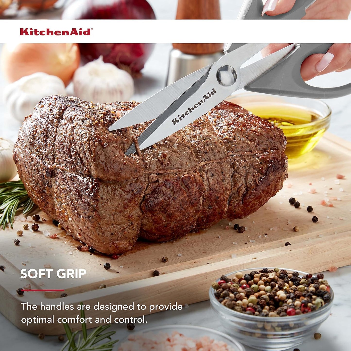 KitchenAid All Purpose Kitchen Shears with Protective Sheath Durable Stainless Steel Scissors, Dishwasher Safe, Soft Grip Comfort Handle, 8.72 Inch, Gray