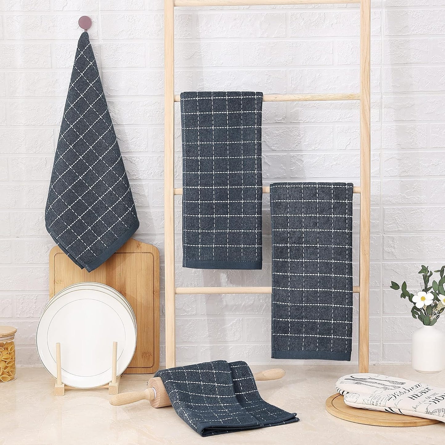 Homaxy 100% Cotton Terry Kitchen Towels(Dark Grey, 13 x 28 inches), Checkered Designed, Soft and Super Absorbent Dish Towels, 12 Pack