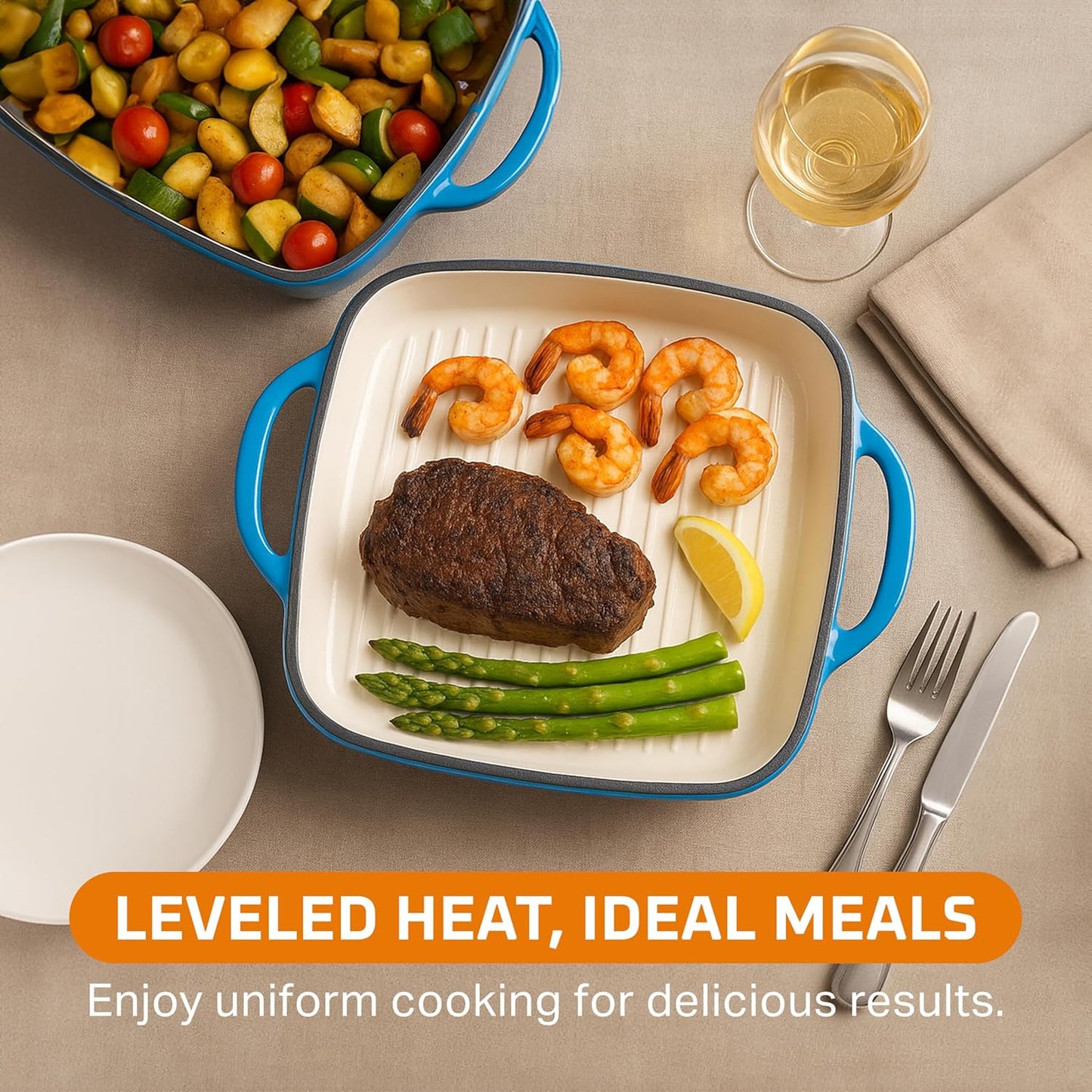 Bruntmor 2-in-1 Pre-Seasoned Square Cast Iron Dutch Oven with Dual Handles, Non Stick Pan with Grill, All-in-One Cookware Set, Cast Iron Casserole Dish with Lid for Braising Dishes,Whale Blue