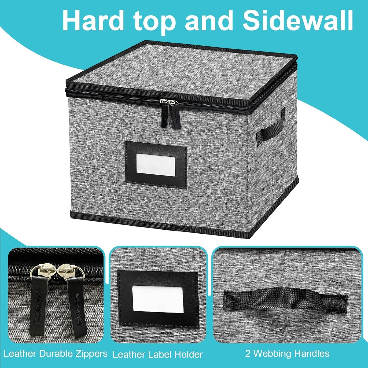 China Storage Containers-Quilted Dish Storage Containers with Lid Hard Shell for Moving Transport, Dinnerware Storage,Stackable Plate Storage,24 Felt Plate Dividers Included,2PACK 12*12*8in(Dark Grey)