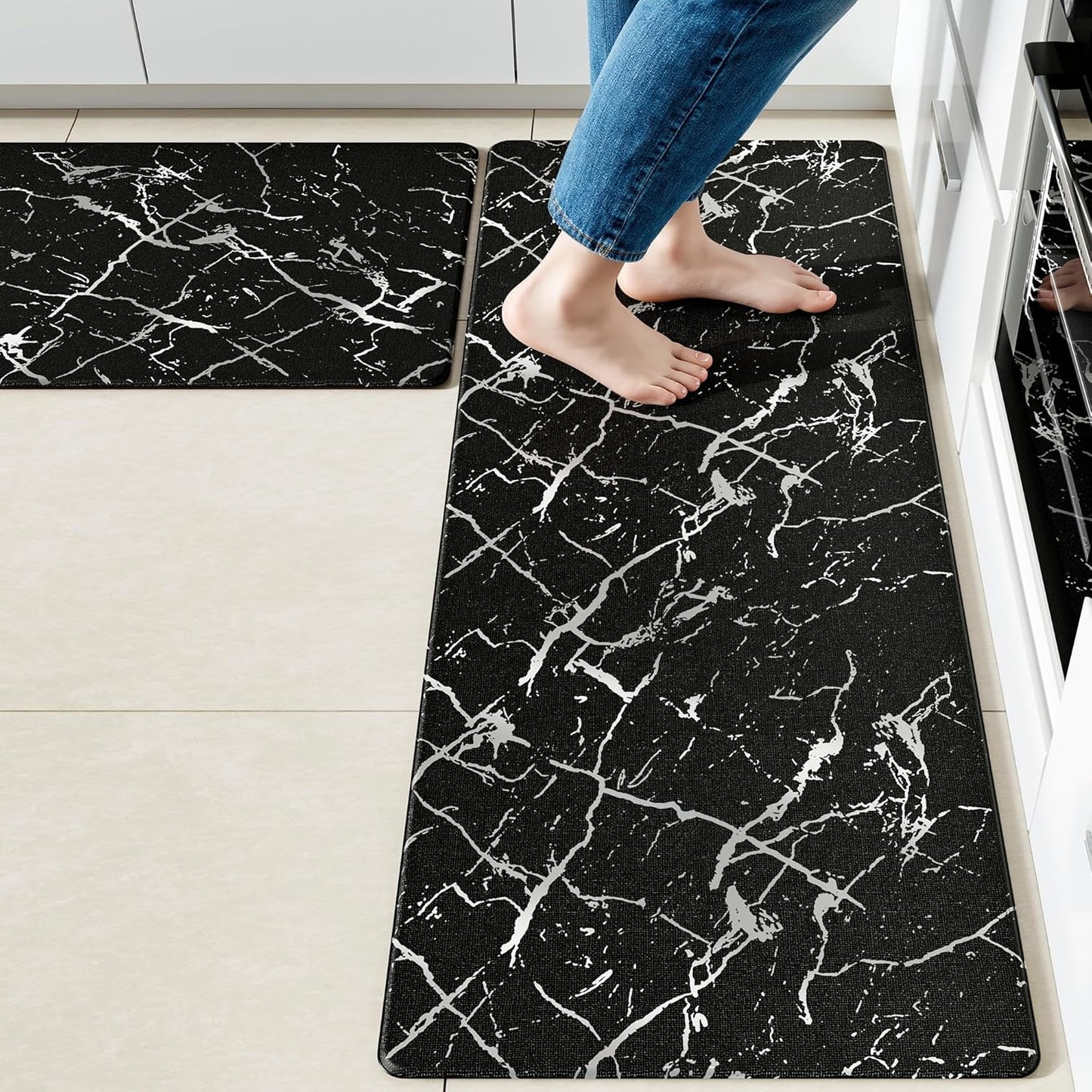 Silver Foil Stamped Marble Kitchen Mats for Floor 2PCS Cushioned Anti Fatigue Non Slip Waterproof Comfort Leather Kitchen Rugs 2/5 Inch PVC Kitchen Mats for Sink, Laundry, 17.3"x28"+17.3"x59", Black