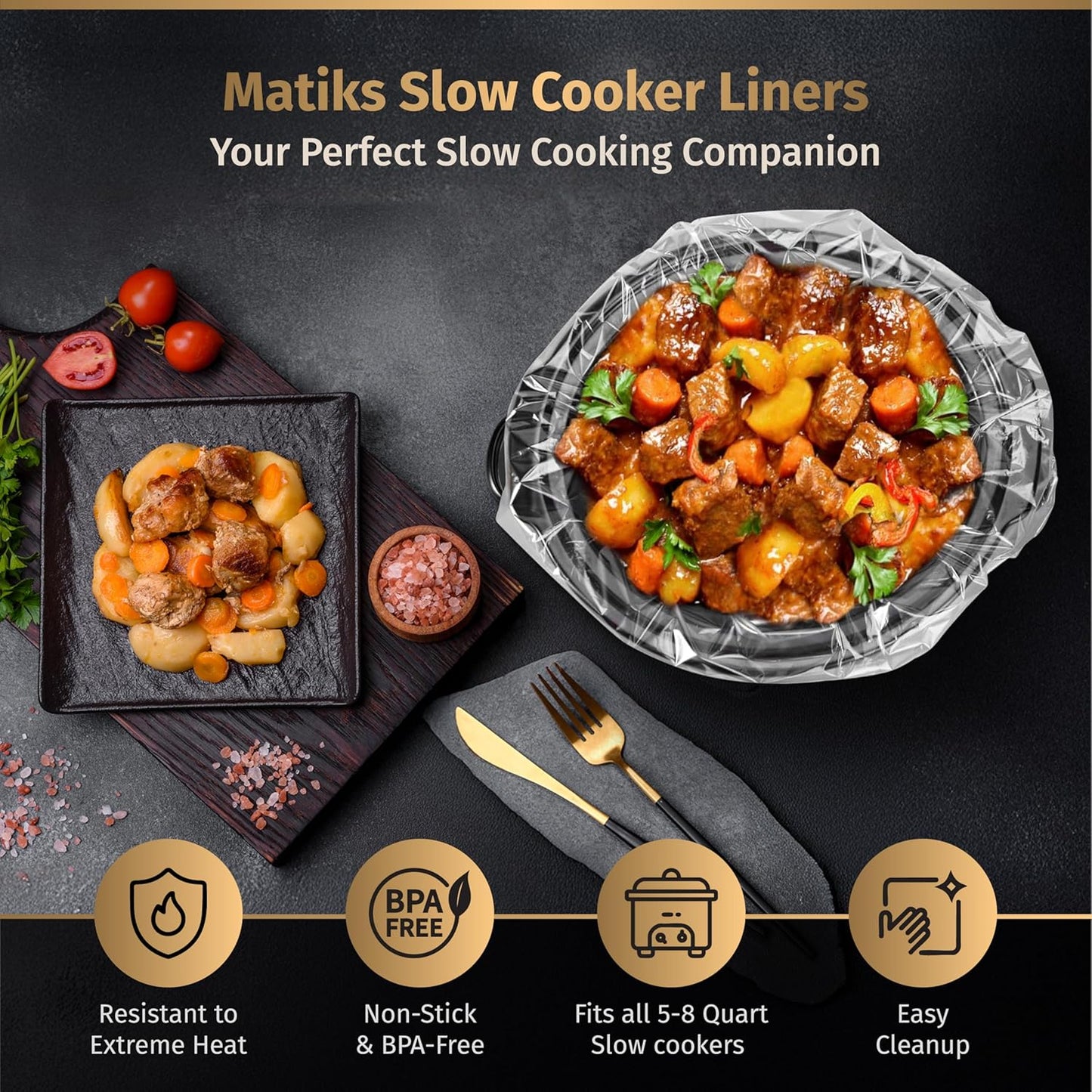 Matiks Slow Cooker Liners 3-8 Quart – Cooking Liner – Large Size 13" × 21" – Fit 3QT to 8.5QT Slow Cookers – Works for Oval & Round Pots – 30 Bags & Recipes Added – Compatible with Crock Pot