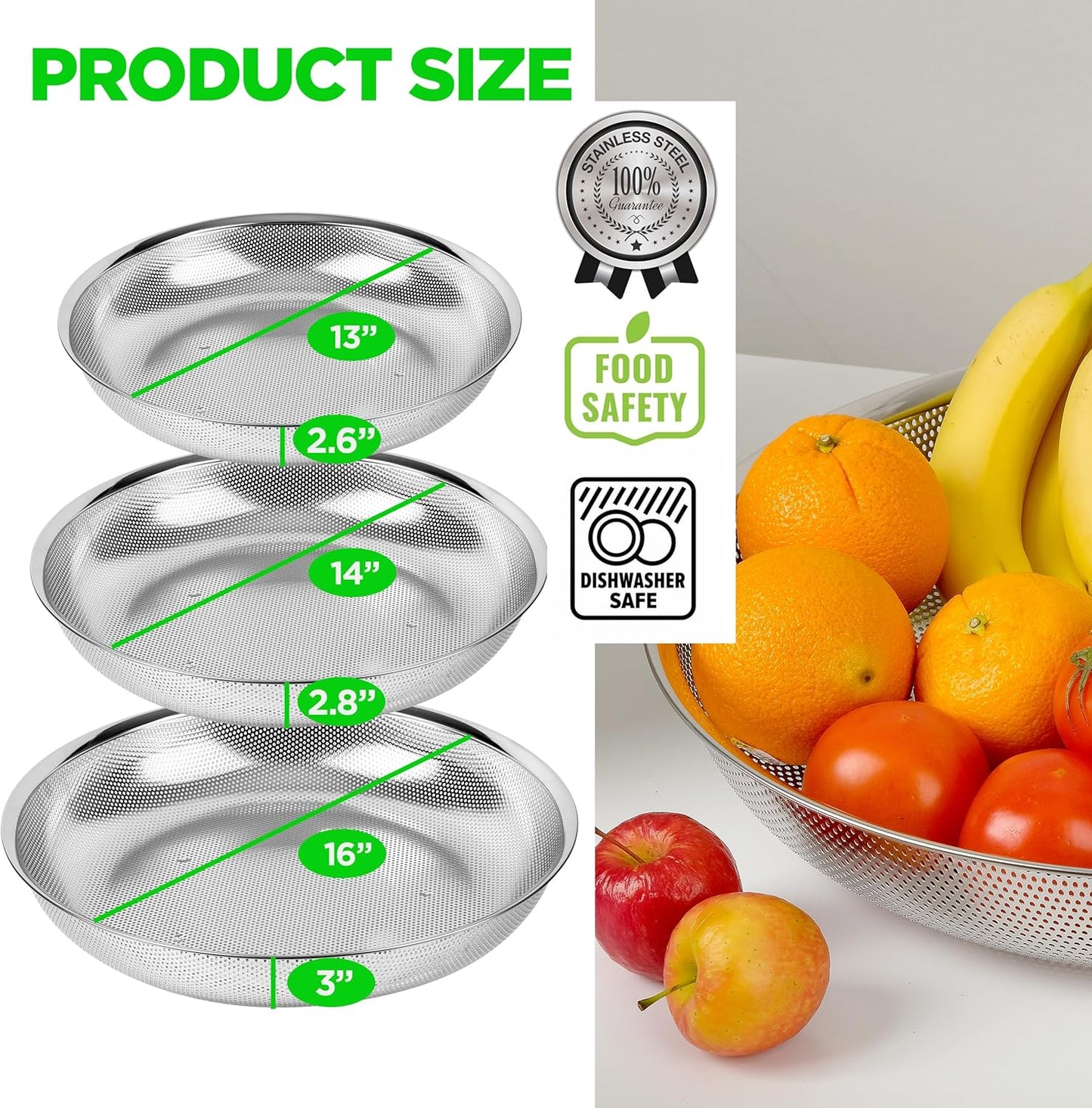 Premium 18/8 304 Stainless Steel Large Colander Set of 3, Comfortable Micro-Perforated Shallow Strainers, 5.5-7-10 Quart Tray Set, Self-Draining Solid Base for Pasta, Fruits, Vegetables