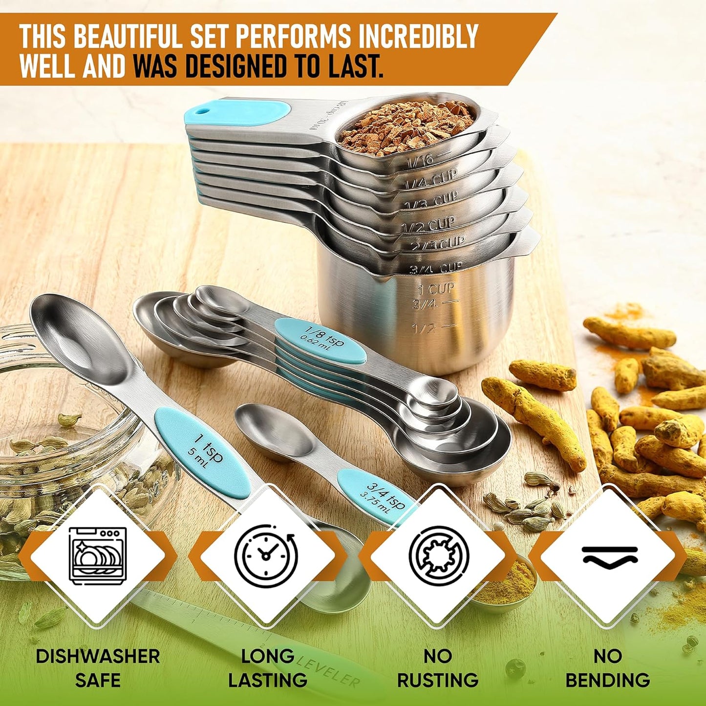 Spring Chef Magnetic Measuring Cups & Spoons Set (Patent Pending), Strong Magnets, Heavy Duty Stainless Steel Fits in Spice Jars for Baking & Cooking, BPA Free, Round Set of 15 with Leveler, Aqua Sky