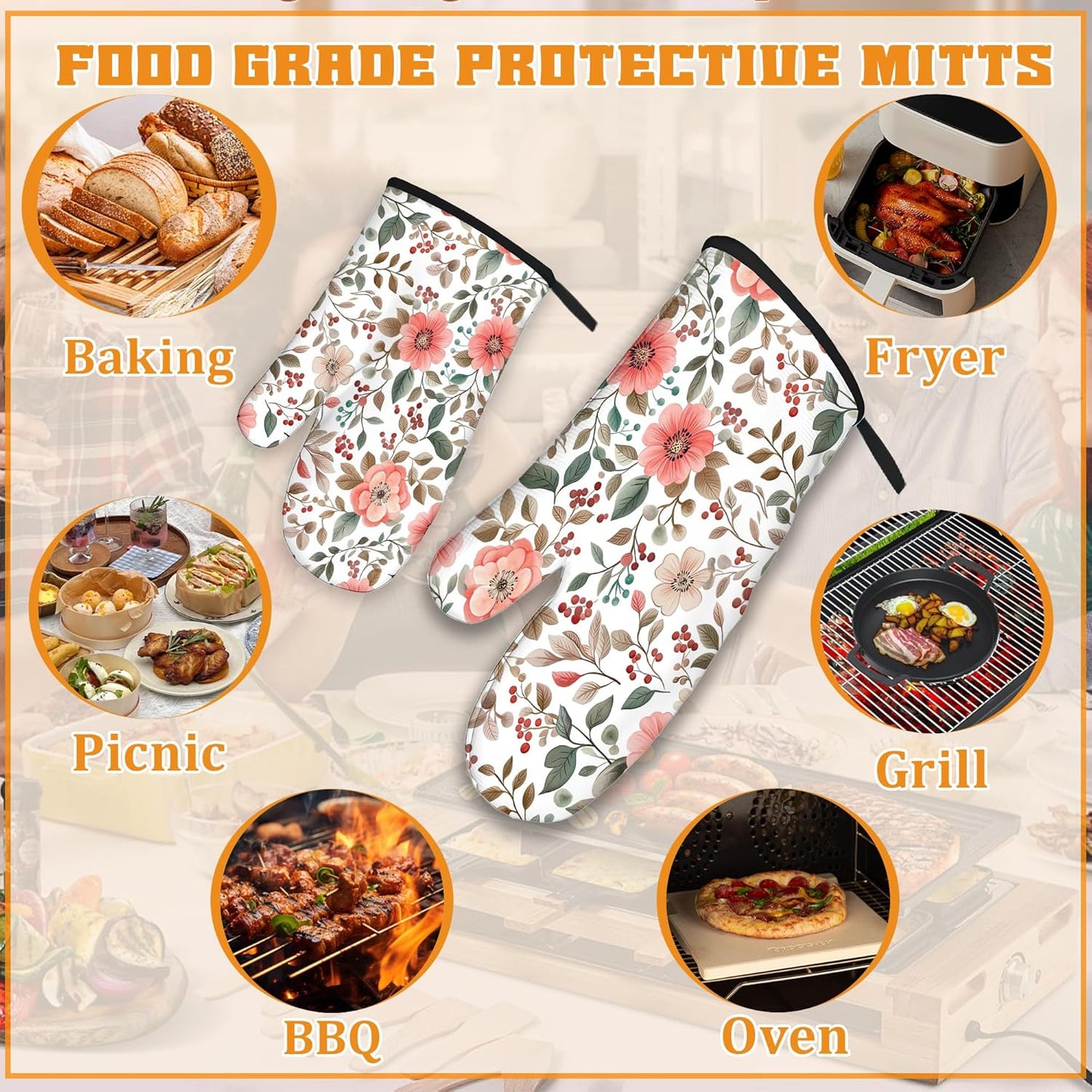 Pink Poppy Floral Oven Mitts and Pot Holders Set,Berry Kitchen Decor Heat Resistant Non Slip Hot Pads and Oven Mitt for Chef Cooking Baking BBQ Mom Girl Gifts(4 Piece Set)