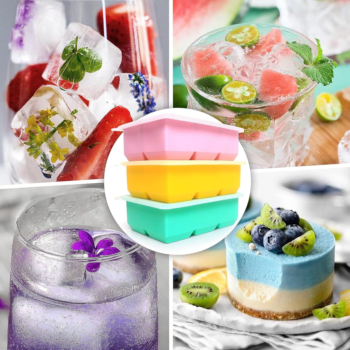 Silicone Ice Cube Trays 3 Pack - Large Size Silicone Ice Cube Molds with Leak Proof Removable Lid Square Ice Cube Tray And BPA Free for Cocktail,Whiskey, Stackable Flexible Ice