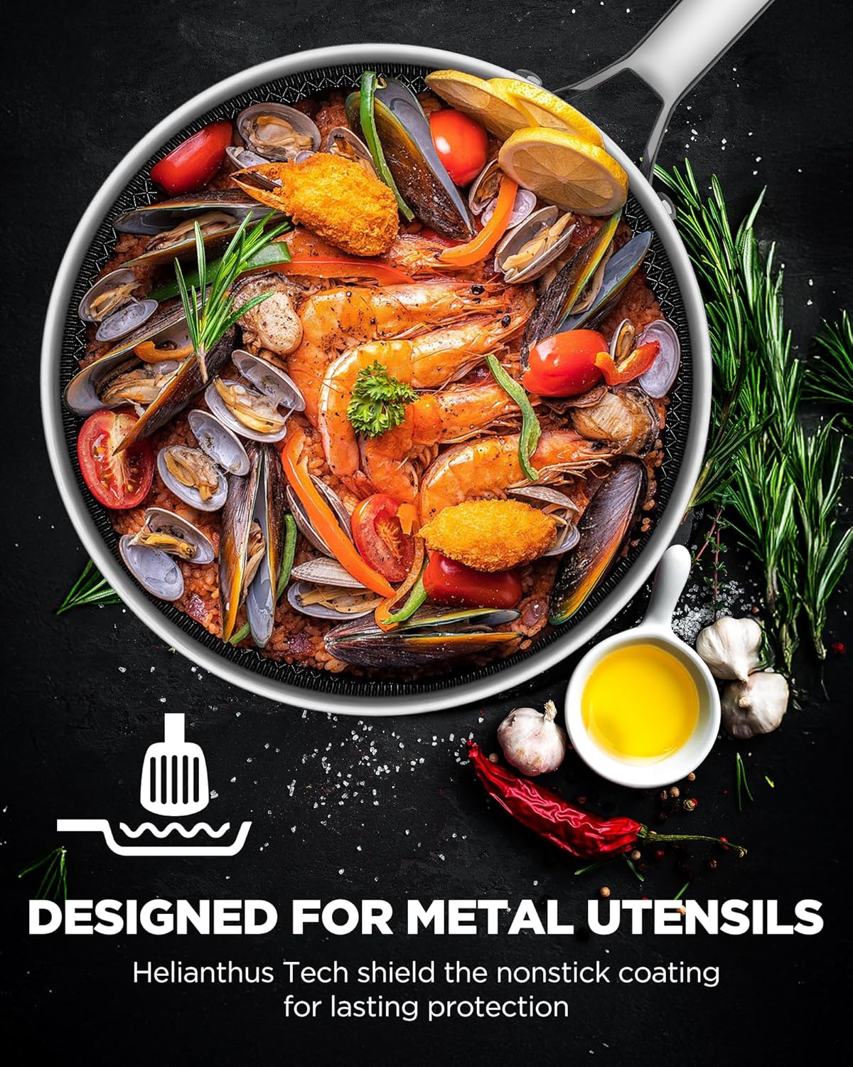 Non Stick Frying Pans Hybrid Ceramic With Lid, 12 Inch Tri-Ply Stainless Steel Skillet, Non-Toxic, PFAS/PFOA/PTFE Free, Metal Utensil Safe, Dishwasher & Oven Safe, Induction Compatible