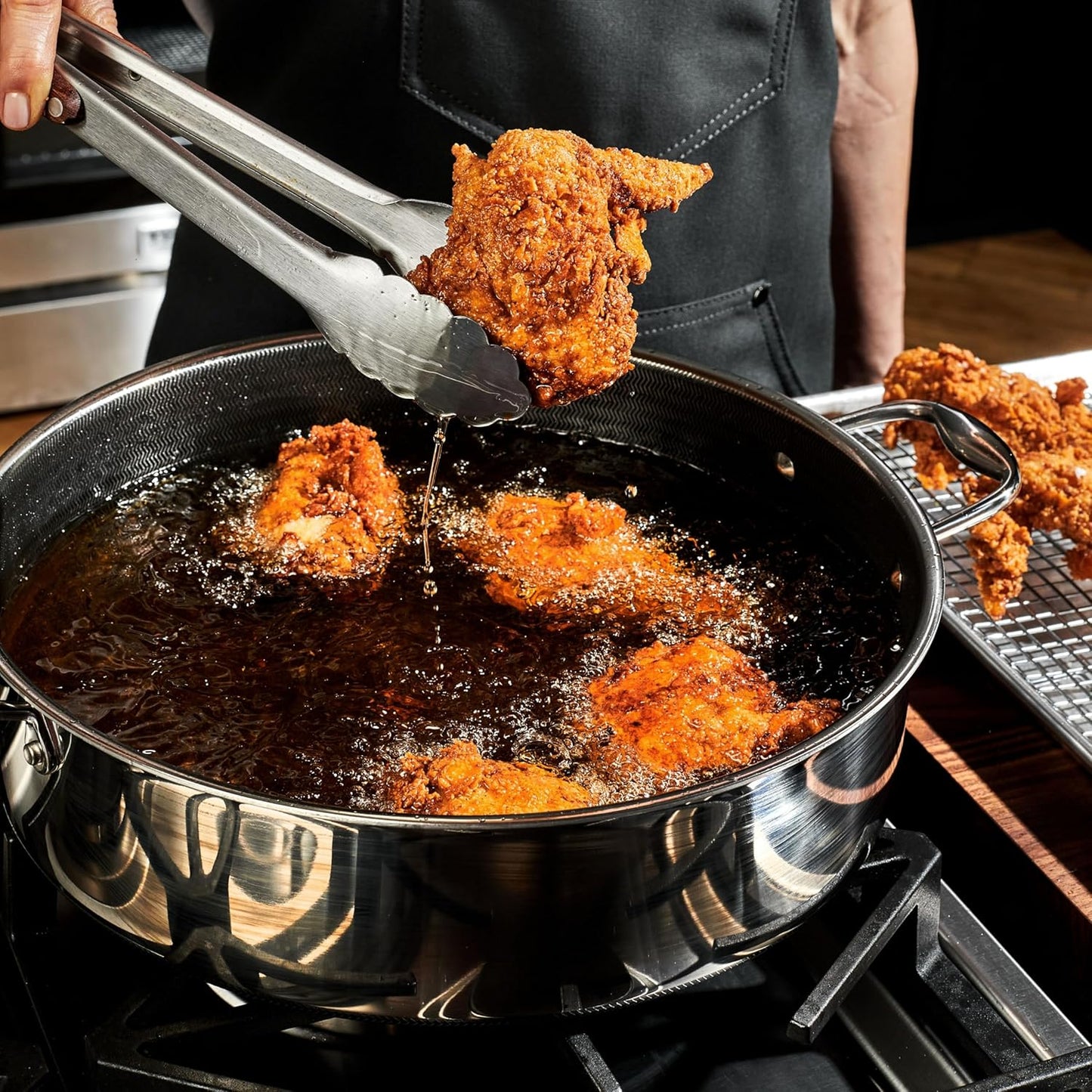 HexClad Hybrid Nonstick 7-Quart Sauté Pan with Tempered Glass Lid, Chicken Fryer, Stay-Cool Handles, Dishwasher-Friendly, Oven-Safe Up to 900°F, Induction Ready, Compatible with All Cooktops