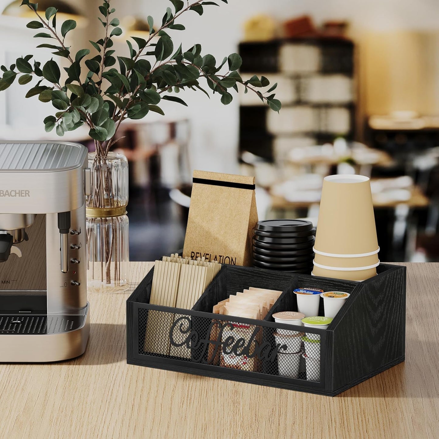 YINMIT Coffee Station Organizer for Countertop, Wood Coffee Bar Organizer with Removable Dividers for Pods, Syrup, Cups, Stirrer, Tea - Office Bar Accessories, Black