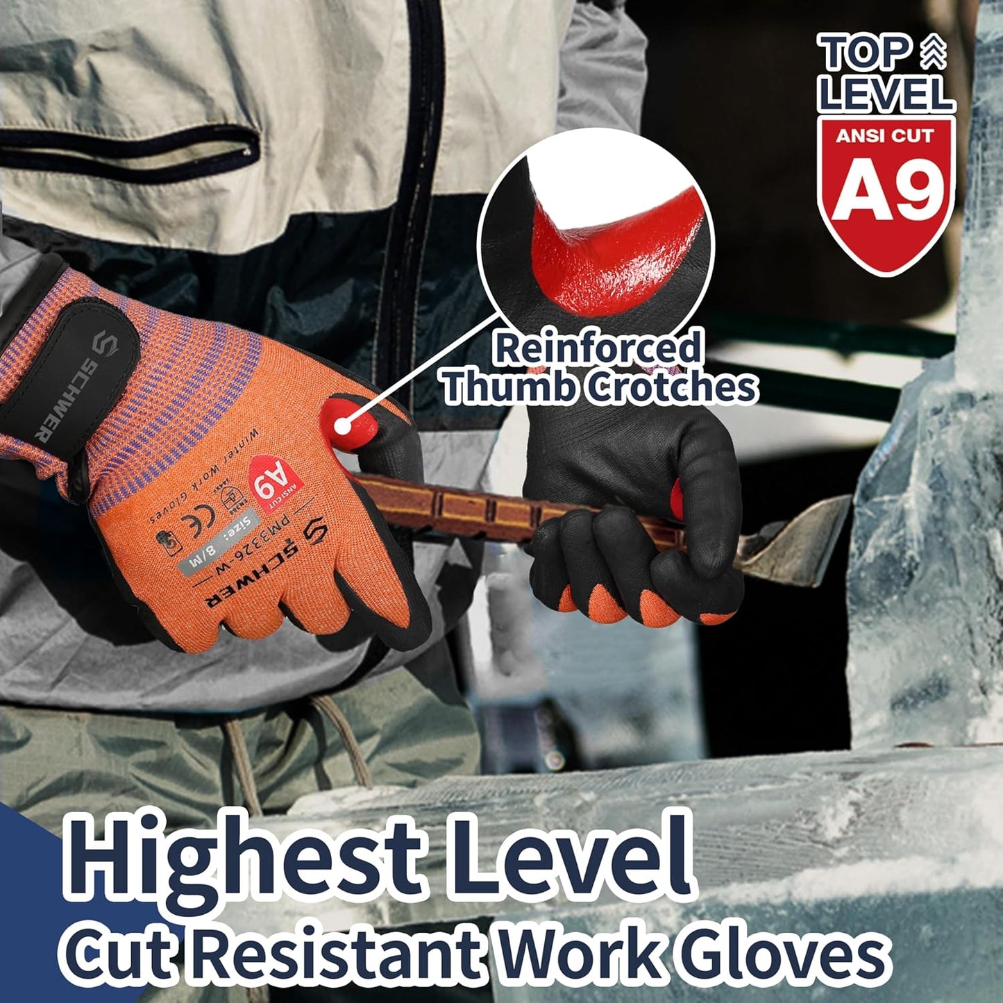 FreezeGuard-X Winter Work Gloves for Men and Women, ANSI A9 Cut Resistant Gloves for Extreme Protection, Freezer Glove With Super Grip, Touchscreen, Thermal Insulated, Non PFAS, PM3326-W (M,1 Pair)