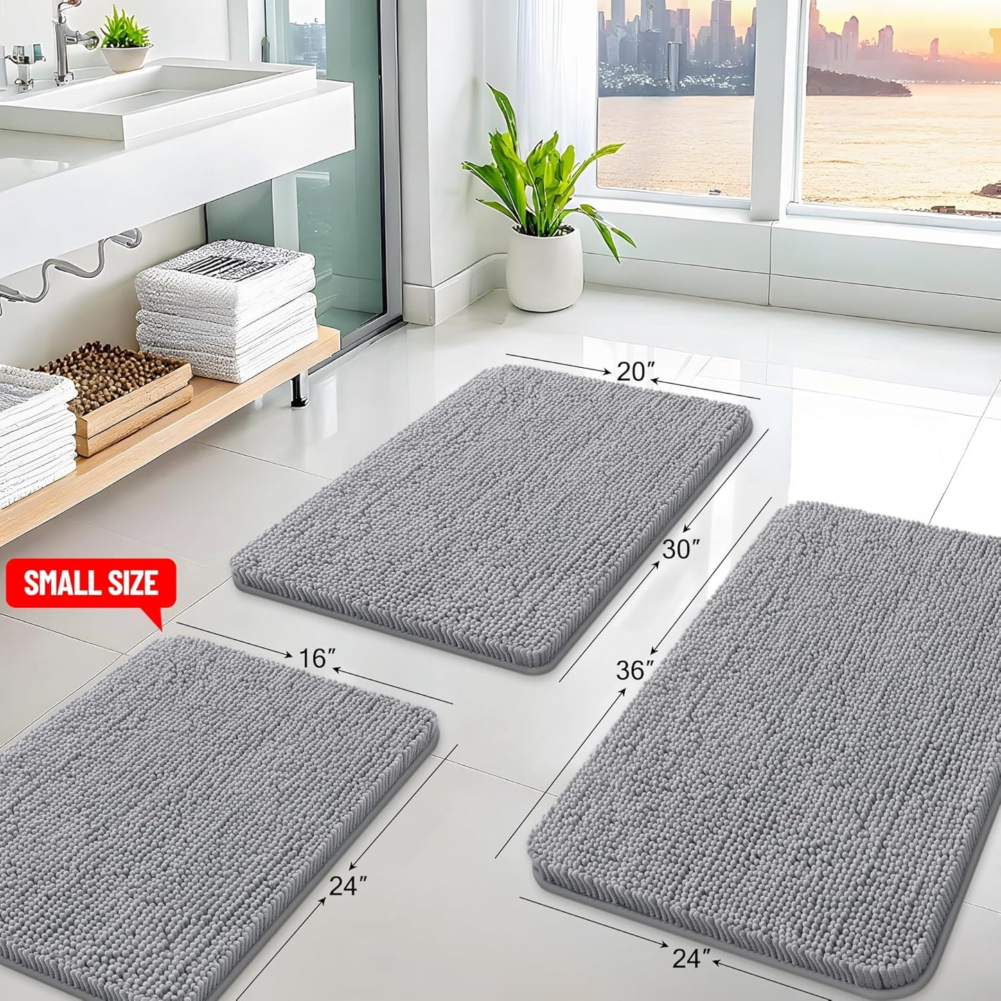 Arotive Bathroom Rugs 30x20, Extra Soft Absorbent Shaggy Chenille Bath Rugs, Machine Washable Rubber Backing Non-Slip Bath Mats for Bathroom Floor Tub and Shower, Home Decor Accessories, Grey