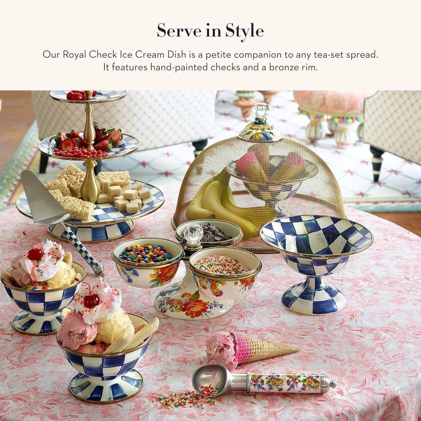 MACKENZIE-CHILDS Enamel Ice Cream Bowl, Serving Bowls for Entertaining, 2-Cup Capacity, Blue-and-White Royal Check