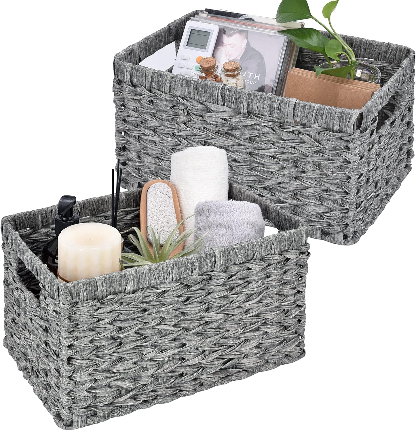GRANNY SAYS Wicker Baskets with Handles - Gray Storage Baskets (2-Pack) for Organizing Cabinet, Coffee Table