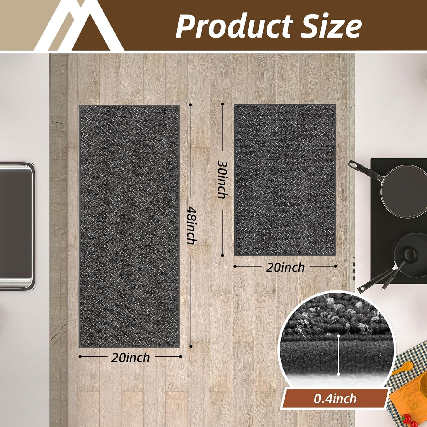COSY HOMEER Kitchen Rugs and Mats 2PCS Non Slip Kitchen Mats for Floor Washable Stain Resistant Kitchen Runner Rug Sets Absorbent Kitchen Floor Mat 20"x32"+20"x48",Dark Grey