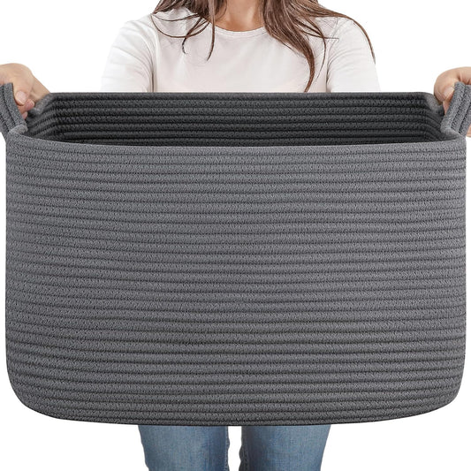 65L Large Storage Basket, Cotton Rope Woven Blanket Basket, Toy Storage for Baby Room, Living Room, Dark Grey